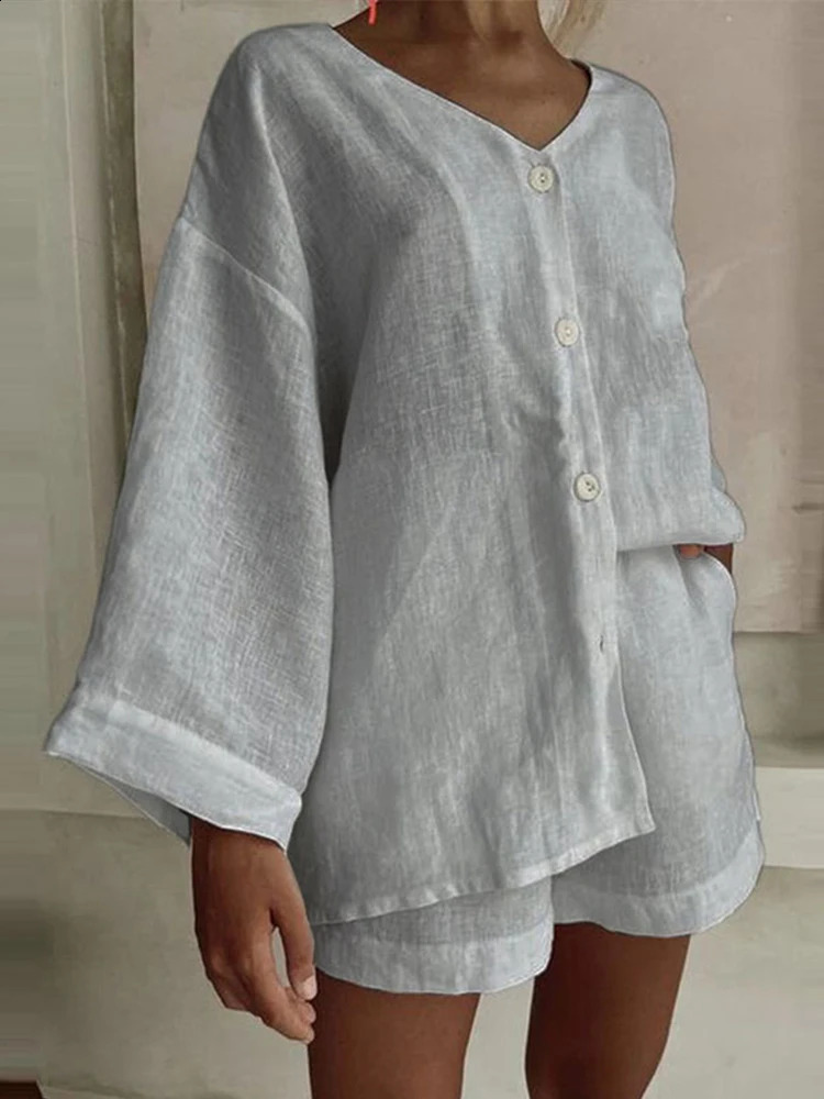 Women Loose Shorts Suit VNeck Long Sleeve Button Solid Casual Lady Sets Summer Fashion 2 Pieces Set Vacation 250809