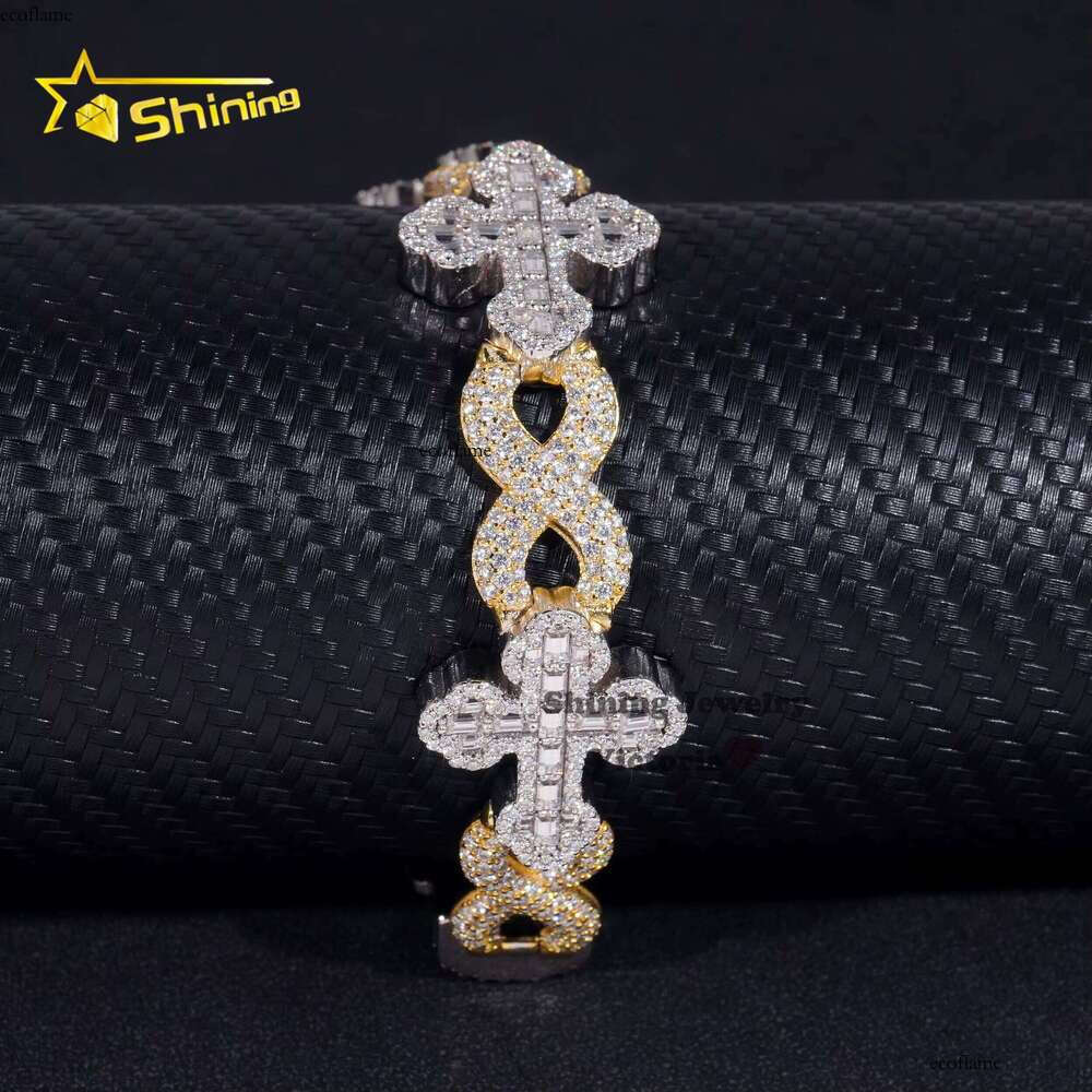 Iced Hip-Hop Jewelry 13mm GRA Cross Moissanite Link Sterling Sier Fashion Infinite Chain Cuban Bracelet