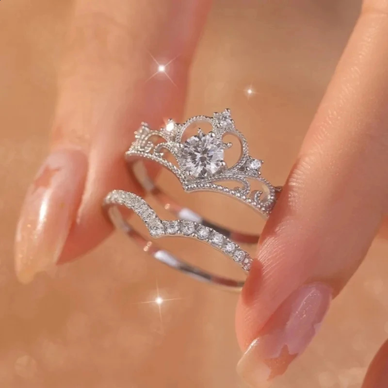 2pcs Lovers Crown Rings For Woman And Man Adjustable Cubic Zirconia Engagement And Wedding Queen Couple Ring Set Jewelry 250805