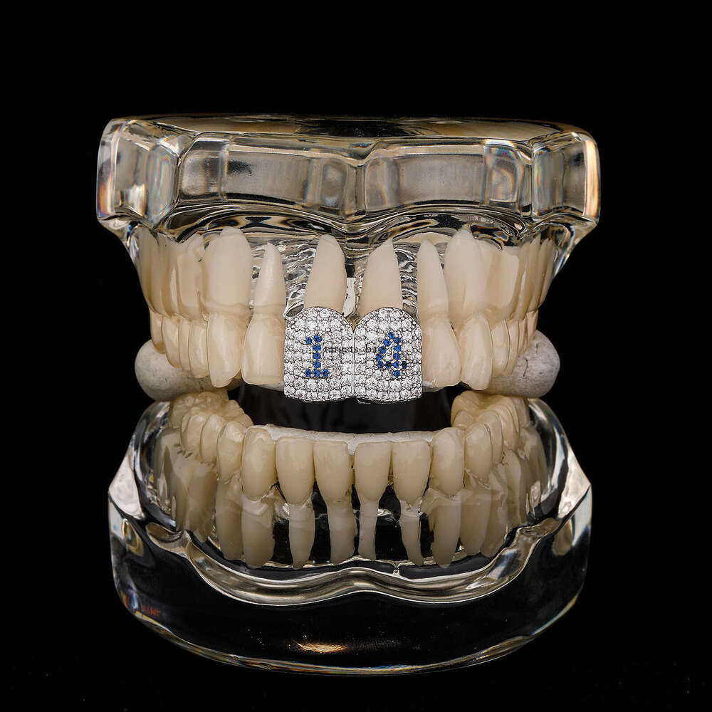 Gold-Plated Spliced Number 14 Large Gold Full Zircon Personality Braces Trendy Men Hip-Hop Rap Fake Teeth Accessories