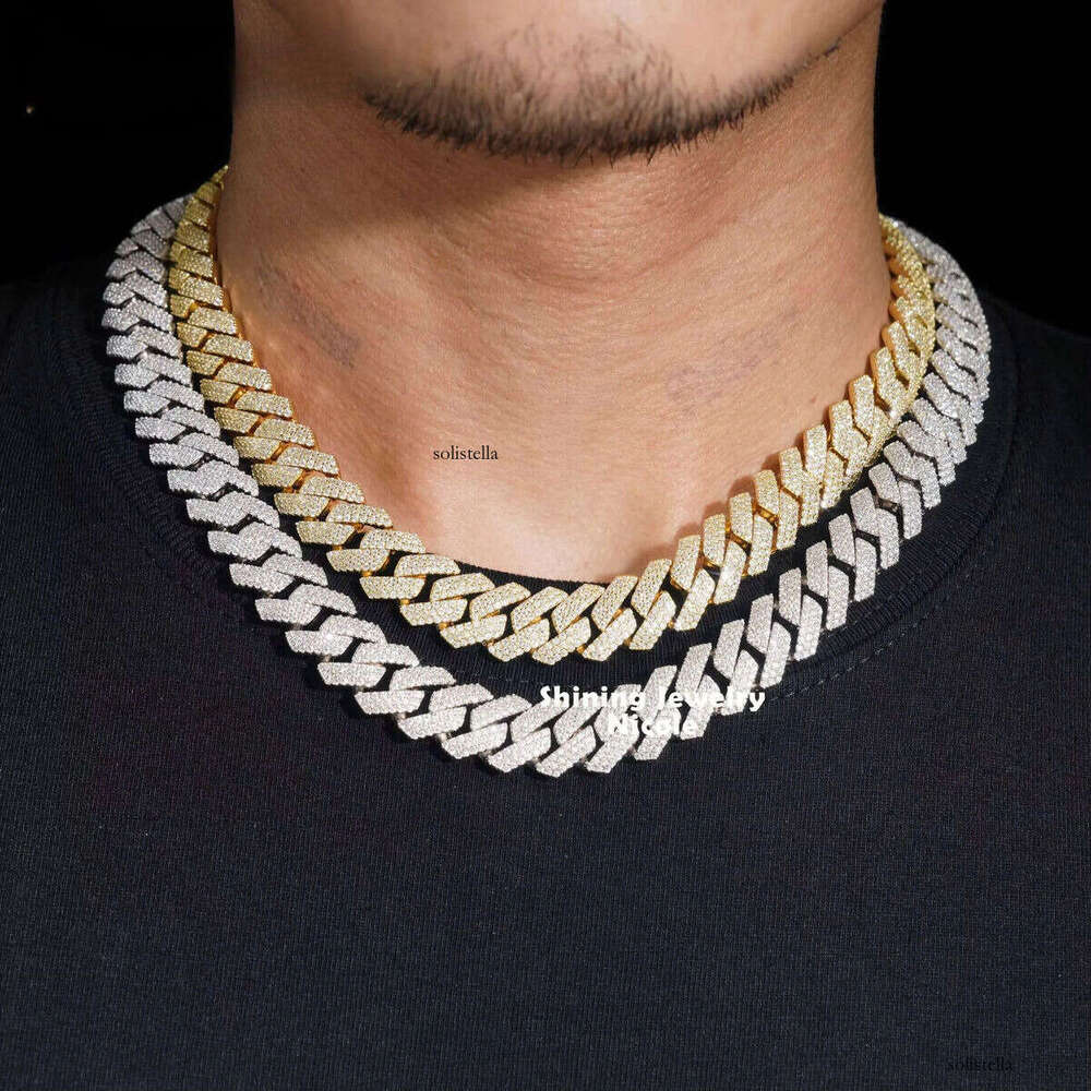 Hot Selling Regular Three Rows Prong Setting 14mm Sier Moissnaite Cuban Link Chain
