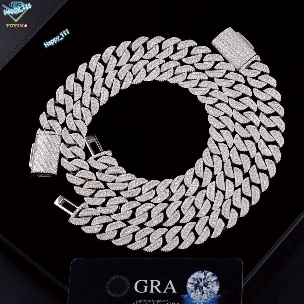 Heavy 15MM 3Rows S Sier Hip Hop Necklace White Gold Plated Moissanite Dia Cuban Link Chain