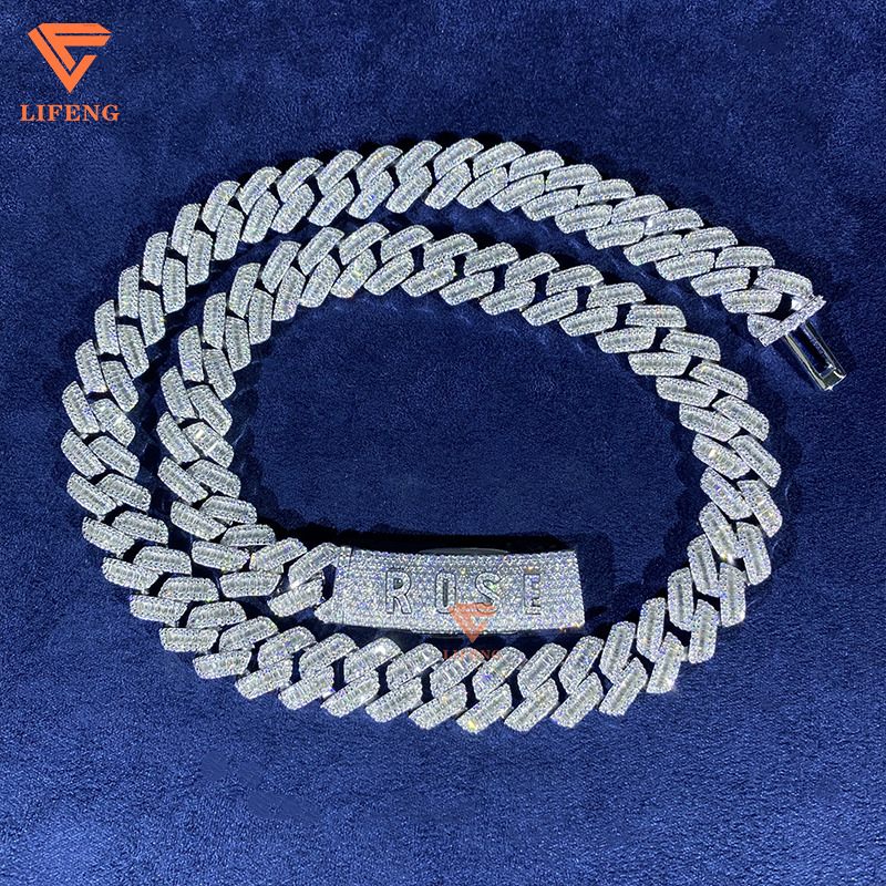 Custom Clasp Letter Fashion 925 Sterling Silver Cuban Link Chain 14mm Baguette Cut Moissanite White Gold Necklace