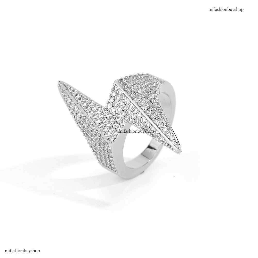 Rhombus Lightning Trendy Brand Personality Hip-Hop Sterling Silver Inlaid Full Zircon Men's Ring Jewelry