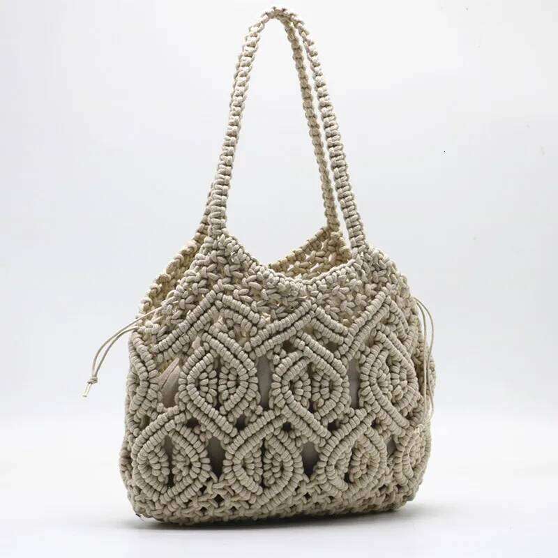 2025 Fashion Hand-woven beach holiday Shoulder handbag Hand tied cotton thread straw woven bag
