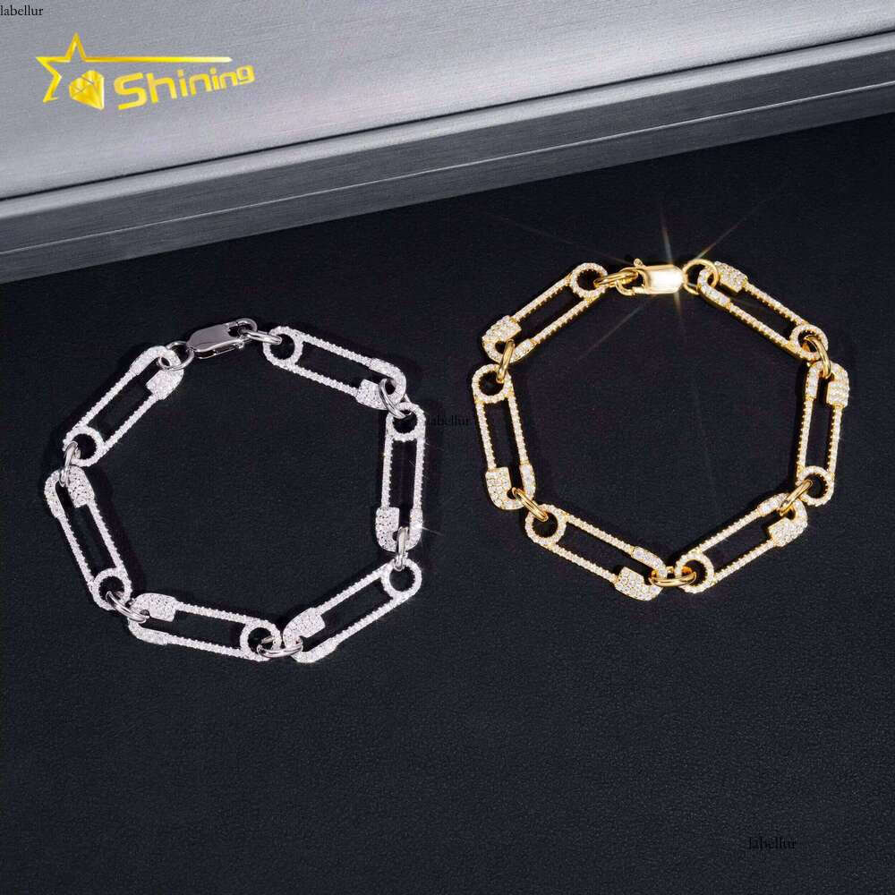 Hip Hop Jewelry Fashion Paper Clip Style Sier Gold Plated Iced Out Moissanite Tennis Bracelet Gifts