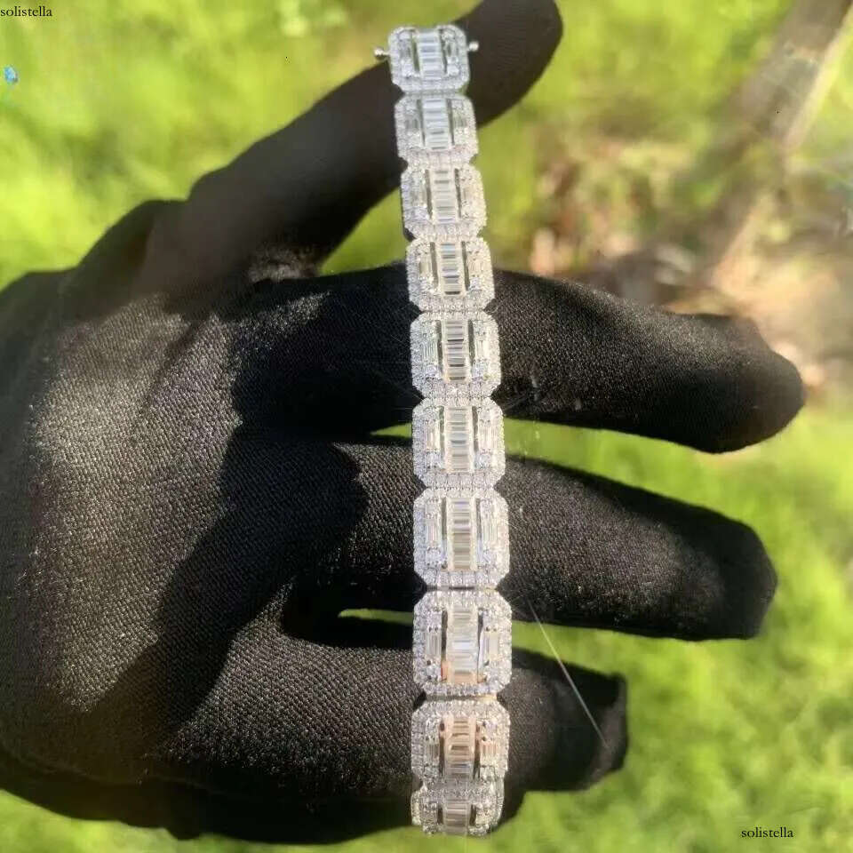13MM Square Sier Hip Hop Jewelry Iced Out Baguette Moissanite Dia Bling Cluster Circle Tennis Bracelet