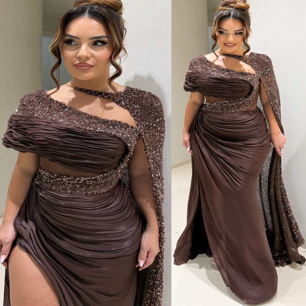 Mermaid Chocolate Prom Dresses 2025 Sequined Chiffon High Split Evening Formal Party Second Birthday Engagement Gowns Plus Size Dress For Special Occa
