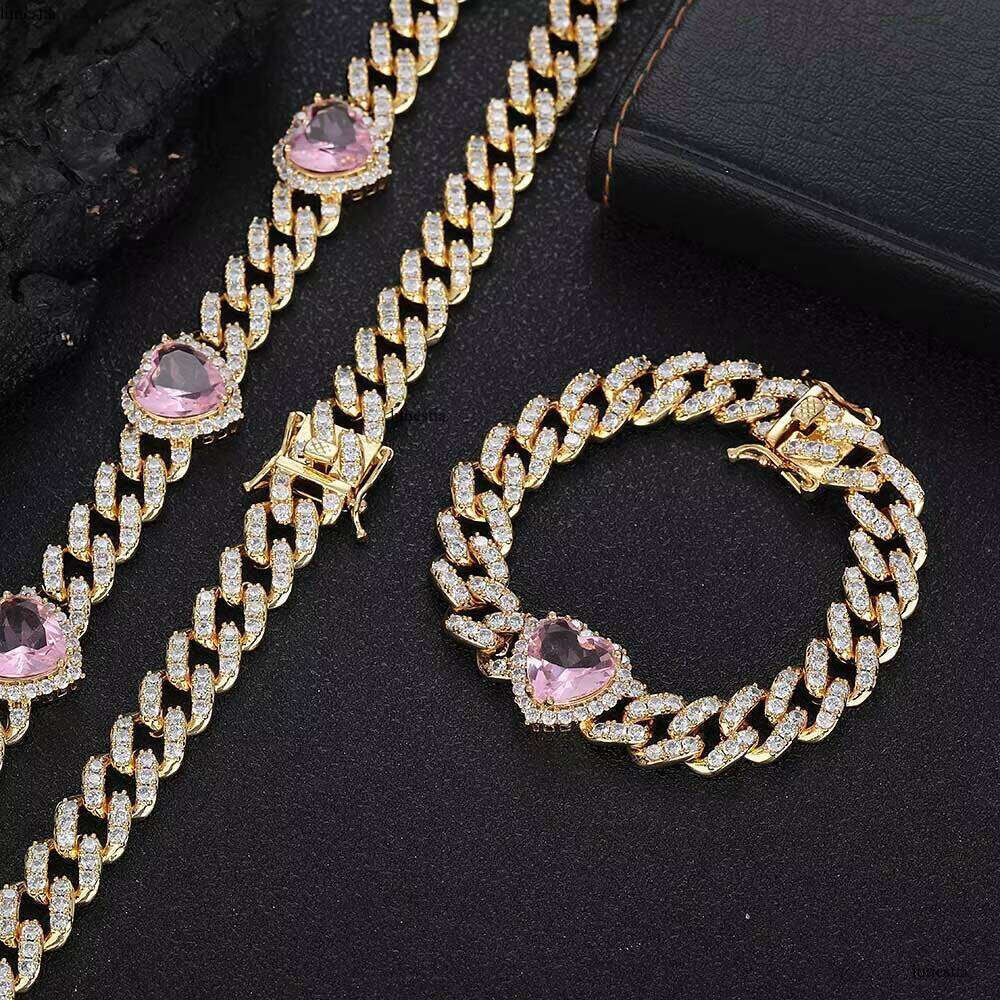 NUOYA Iced Out 10mm Pink Heart CZ Sier Cuban Hip Hop Single Row Prong Link Chain Bracelet for Women