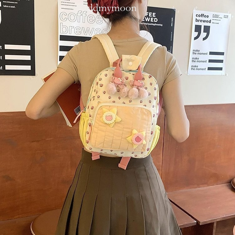 Canvas Printed Dopamine Color-Block Cute Strawberry Casual Backpack ddmymoon