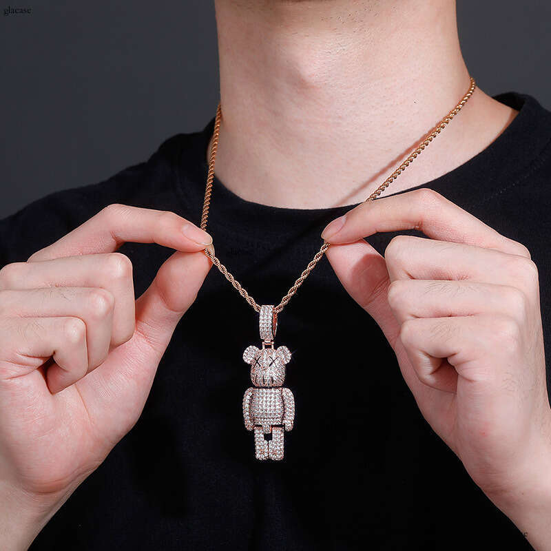 Cartoon Anime Doll Mechanical Bear Personality Pendant Full Moissanite chain Hip Hop Trendy Street Necklace Accessories Gold Jewelry