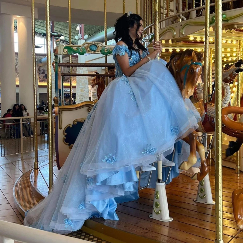 Light Sky Blue Quinceanera Dresses Ball Gown 3D Floral Applique Lace-up Sweet 16 Dress Off Shoulder Princess Prom Occasion Wear