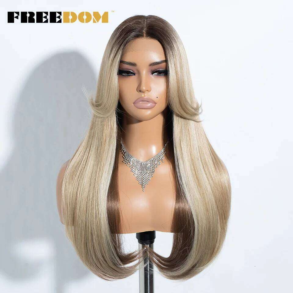 FREEDOM Straight Synthetic Front Wigs For Women 24 Inches Long Lace With Bangs Ombre Brown Blonde Highlight Cosplay Wig