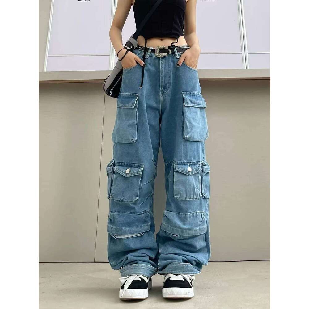 Trendy Women's Denim Workwear Street Style Black & Grey Multi-Pocket Jeans | American Casual High-Waist Functional Design