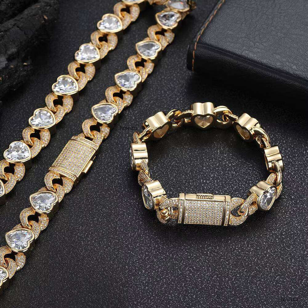 NUOYA Women's White Gold Plated Link Shiny Iced Out Zircon Heart Dia Cuban Chain Bracelet Hip Hop Jewelry