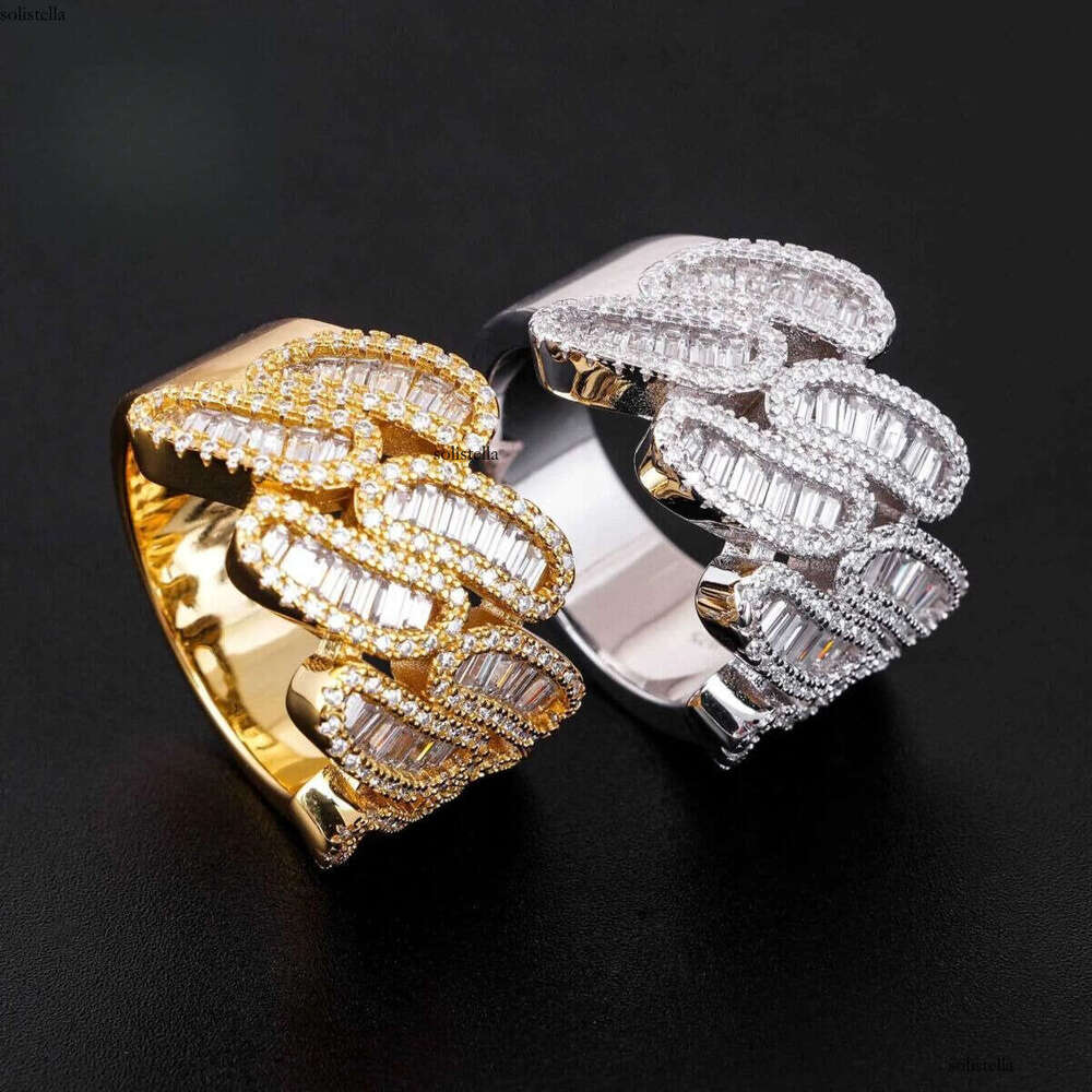 New Hip Hop Sier Set D-Color Ladder Square Mozambique Ring for Men and Women in Ins Fashion Trend Full Dia
