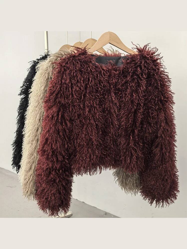 Mumaroho 2025 Winter Autumn Faux Fur Cropped Coat Solid Long Sleeve Thick Warm Outwear Fluffy Short Jacket Women