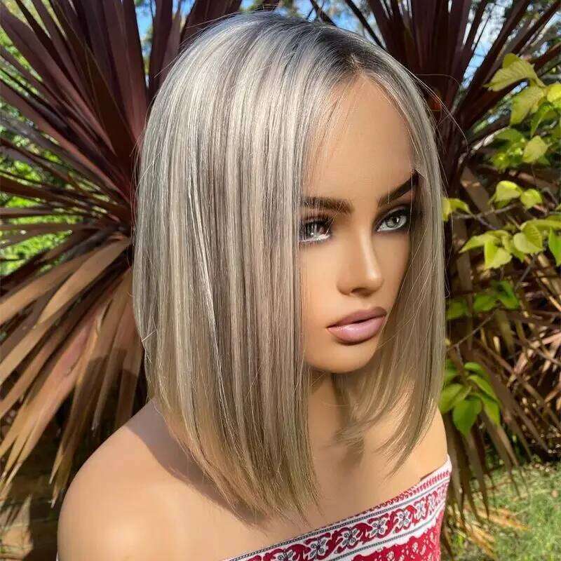 Glueless Wigs Ash Blonde Synthetic HD Lace Front Wig Balayage Pre Plucked Hairline Heat Resistant Short Straight Bob For Women