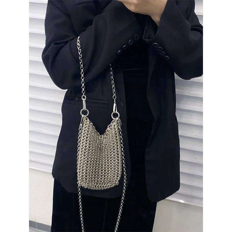 Metallic Hauberk Shoulder Bag Woven Ring Tote Chain Mail Designer Purses And Handbags Handmade Hollow Crossbody Bags For Women
