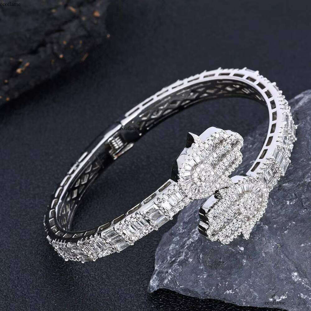 NUOYA Hip Hop Jewelry Micro Pave Baguette CZ Stone Iced Out Hamsa Hand Charm Bangle Bracelet for Men Women