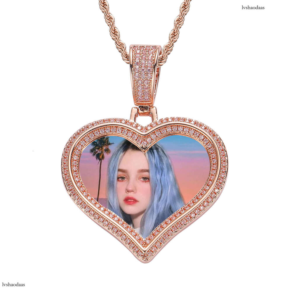 Hip Hop DIY Heart Frame Pendant Couple Photo Micro Paved Moissanite chain Solid Necklace