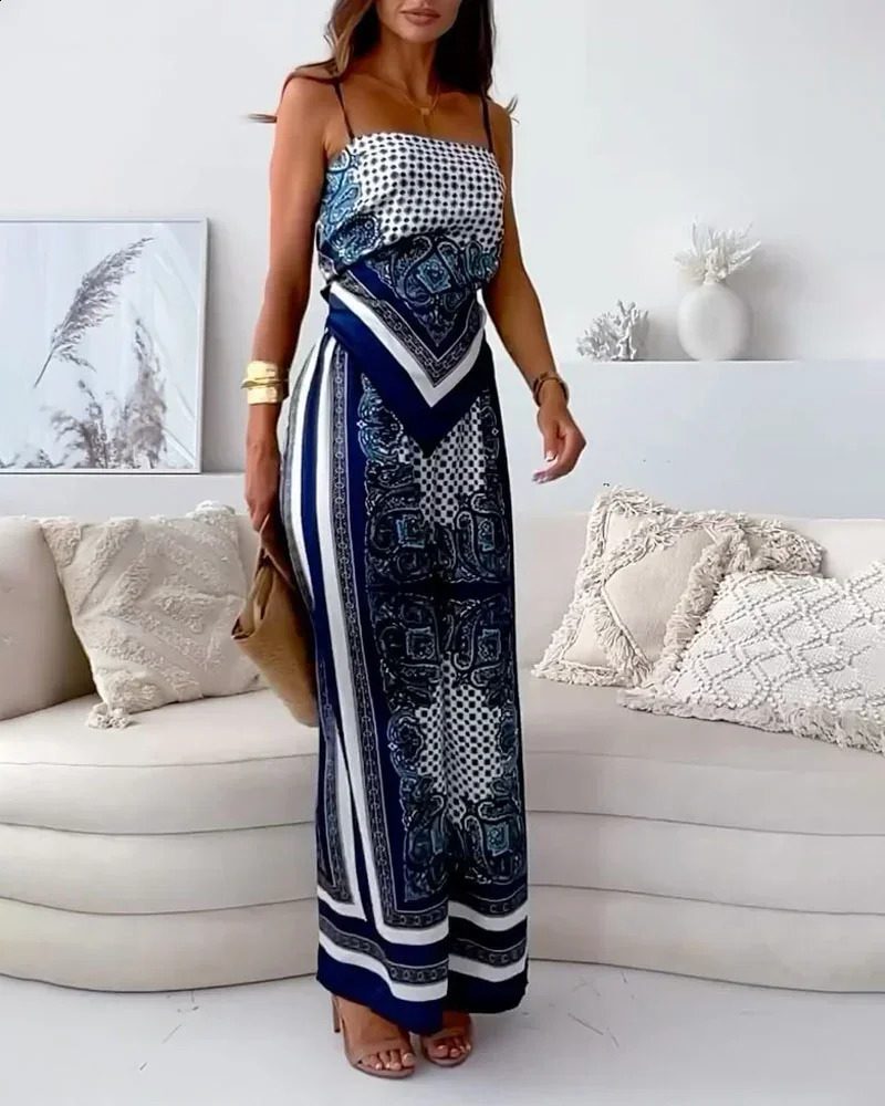 Stylish Printed Lace-Up Vest Pants Two-Piece Set Summer Satin Print Women Casual Sling Lace Up Top Wide Leg Pants 2 Piece Set 250808
