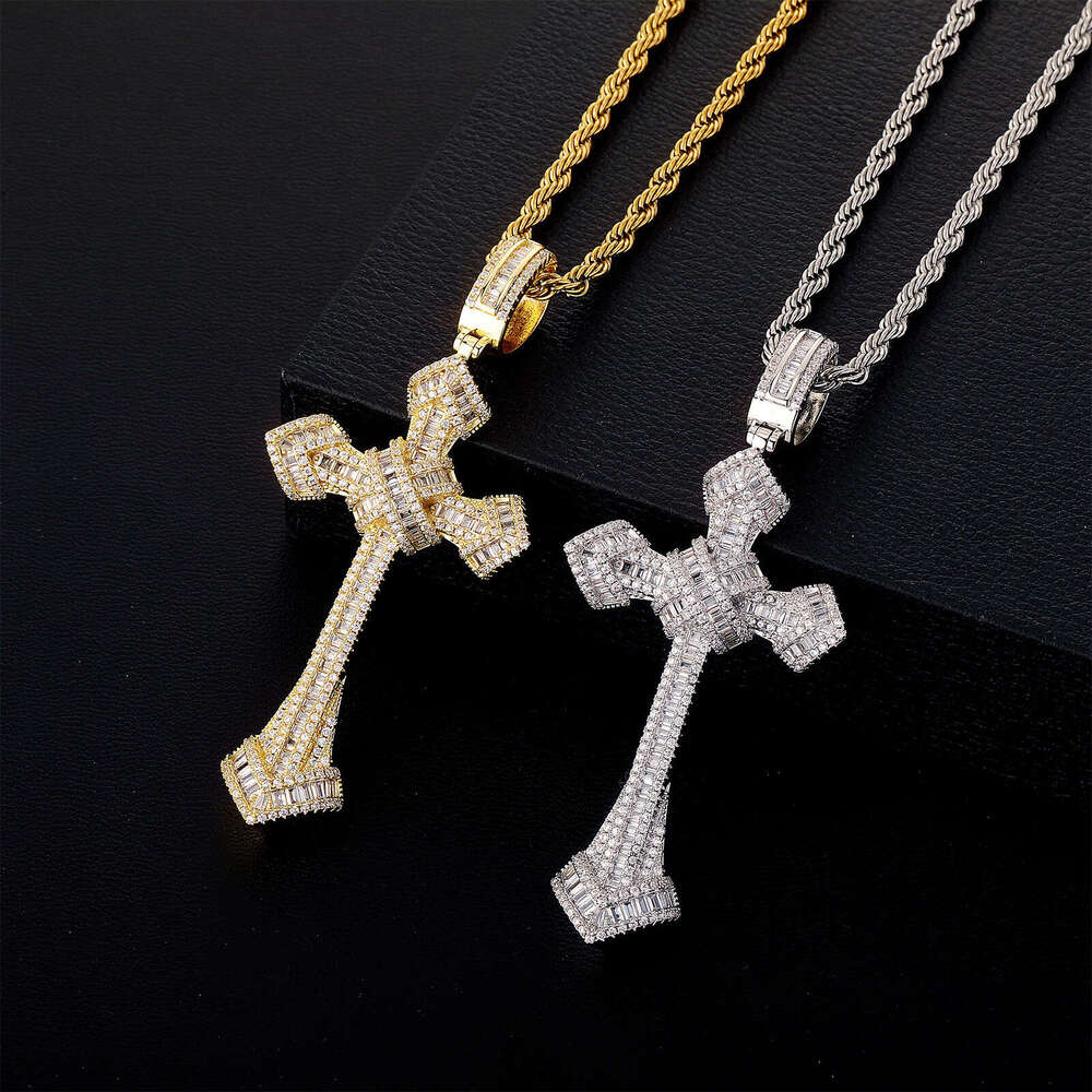 Sterling Silver Inlaid Moissanite chain Full Dia Trapezoid Large and Small Cross Pendant Hip-Hop Trendy Men's Necklace Accessory