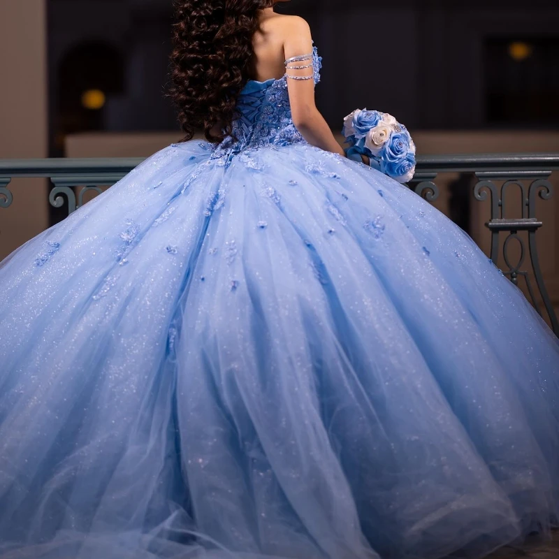 Sky Blue Quinceanera Dresses Ball Gown Off The Shoulder Applique Lace Tull Party Birthday Sweet 16 Dress Vestido De 15 Anos