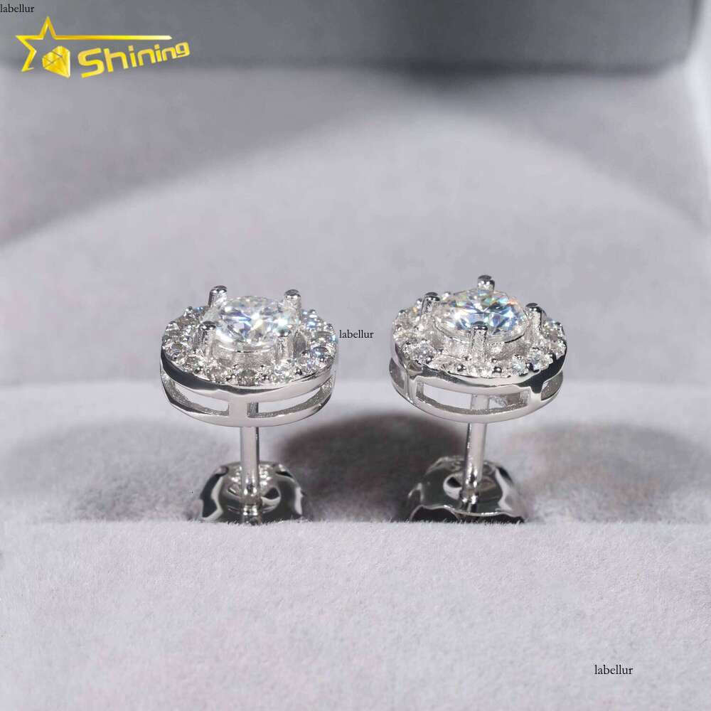 Hip Hop Jewelry Pass Tester Sterling Sier Round Halo VVS Dia Moissanite Stud Earrings
