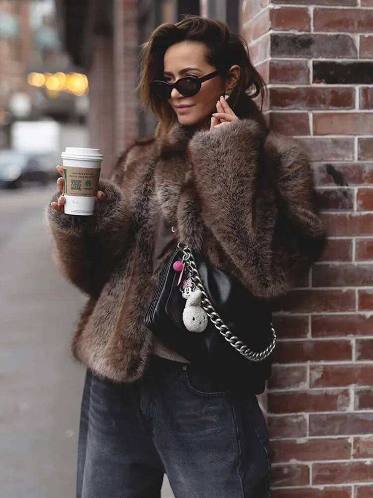 Fluffy Solid Faux Fur Thicken Jacket Women Elegant Lapel Long Sleeves Loose Plush Coats Autumn Winter Chic Female Street Wear
