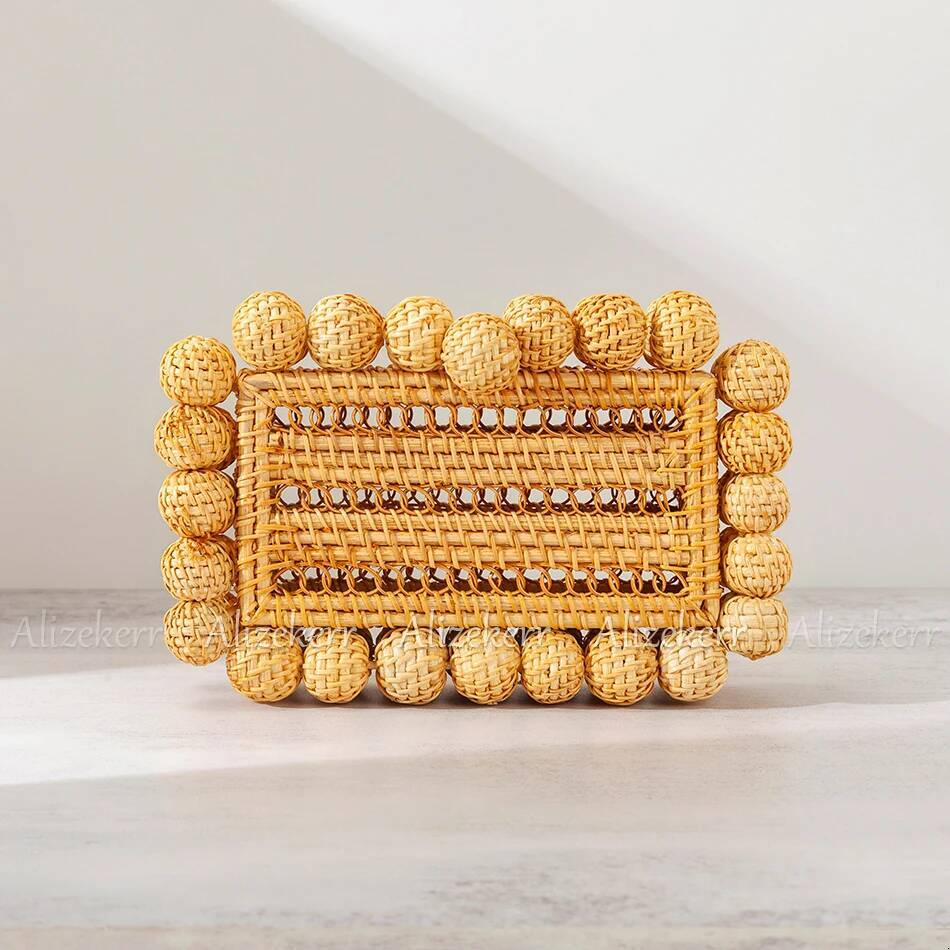 Alizekerr Beaded Hollow Out Wicker Bags Women Summer Designer Hand Woven Square Beach Straw Handbags Bohemian Holiday