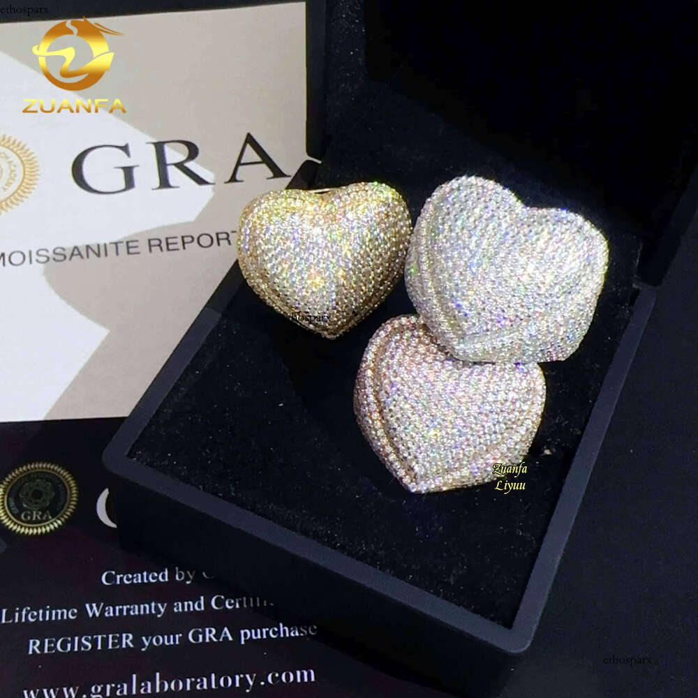 Iced Out Moissanite Engagement Hip Hop Fashion Sier Jewelry Heart Shape Dia Wedding Rings for Men Women