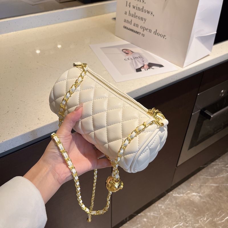 Free Luxury Bag Shipping Designer Bag Elegant Cylinder Bag, New Style Small Gold Ball Quilted Chain Shoulder Bag, Versatile Niche Crossbody Pillow Bag