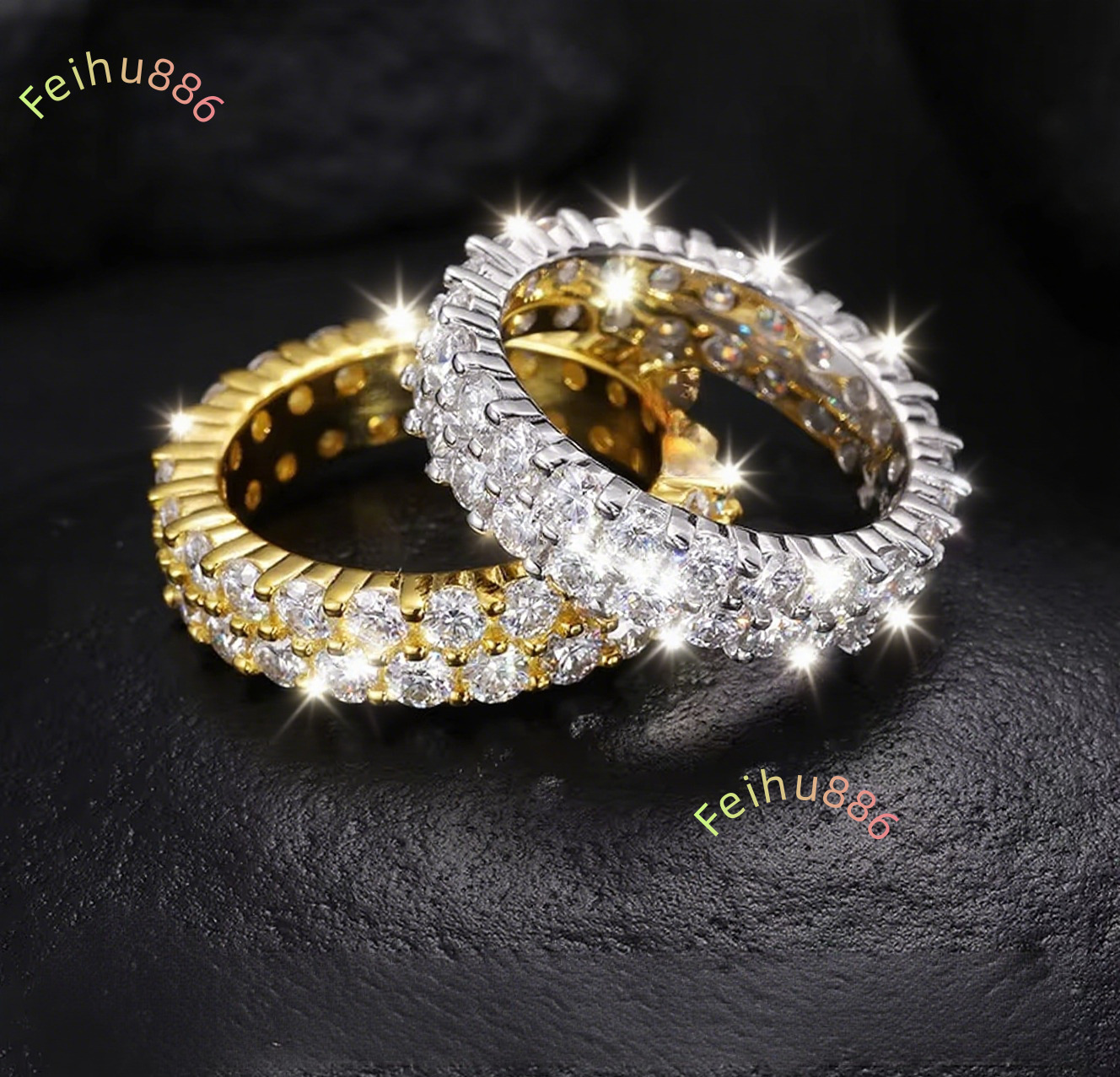 Luxury VVS D Color Moissanite Eternity Diamond Ring Double Row Full Wedding Mens 18K Gold Plated S925 Sterling Silver Iced Ring