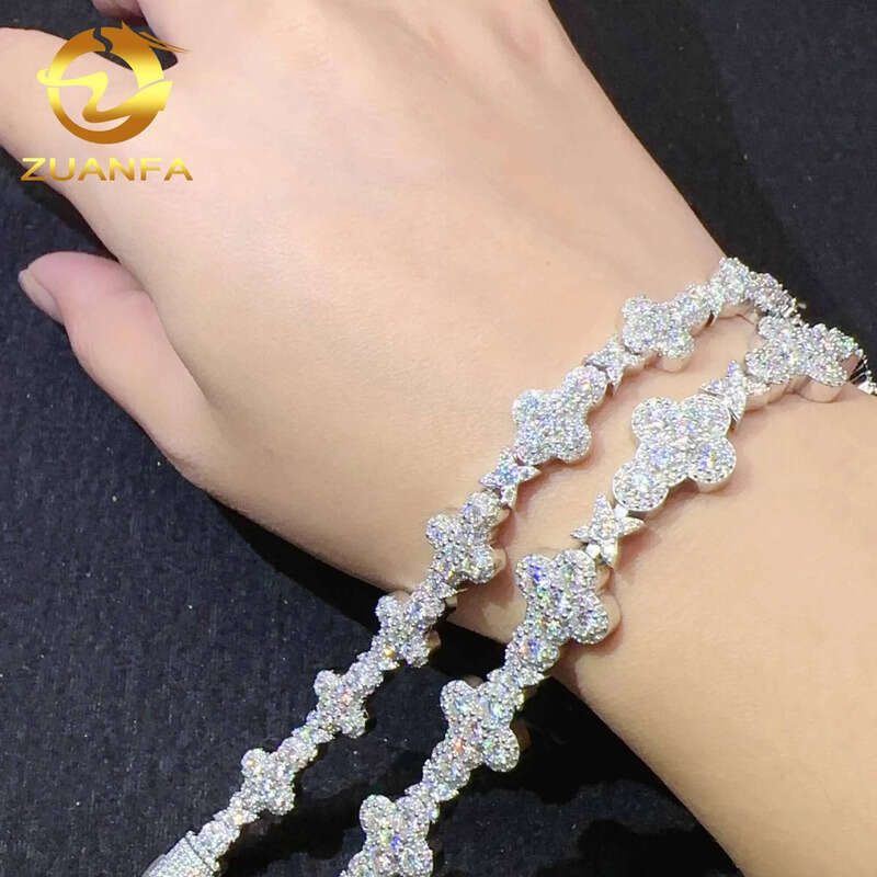 RTS 10mm 13mm width sier vvs moissanite dia hip hop iced out jewelry cross tennis chain bracelet