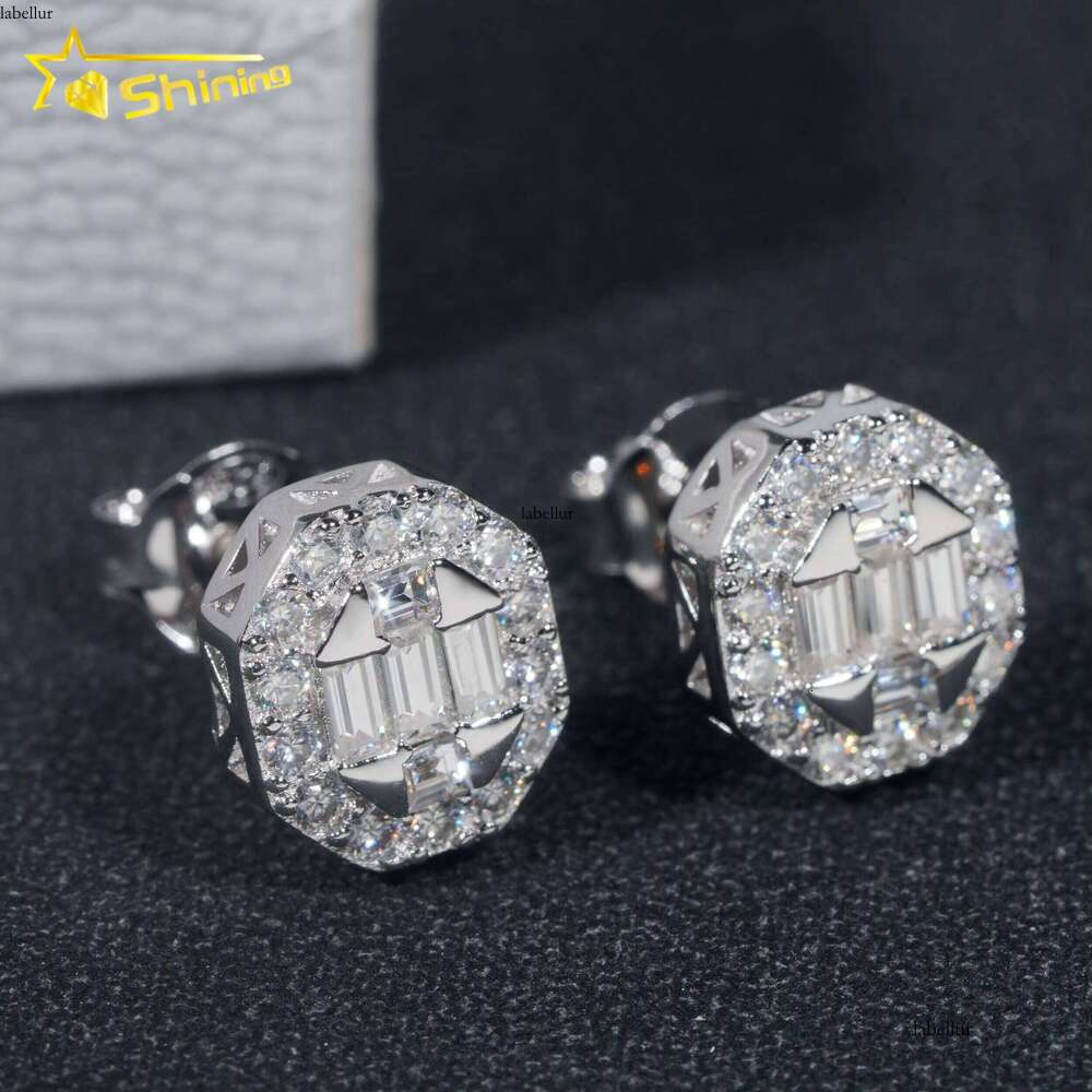 Pass Tester GRA Certified VVS Dia Sterling Sier Baguette Moissanite Stud Earrings Men Jewelry