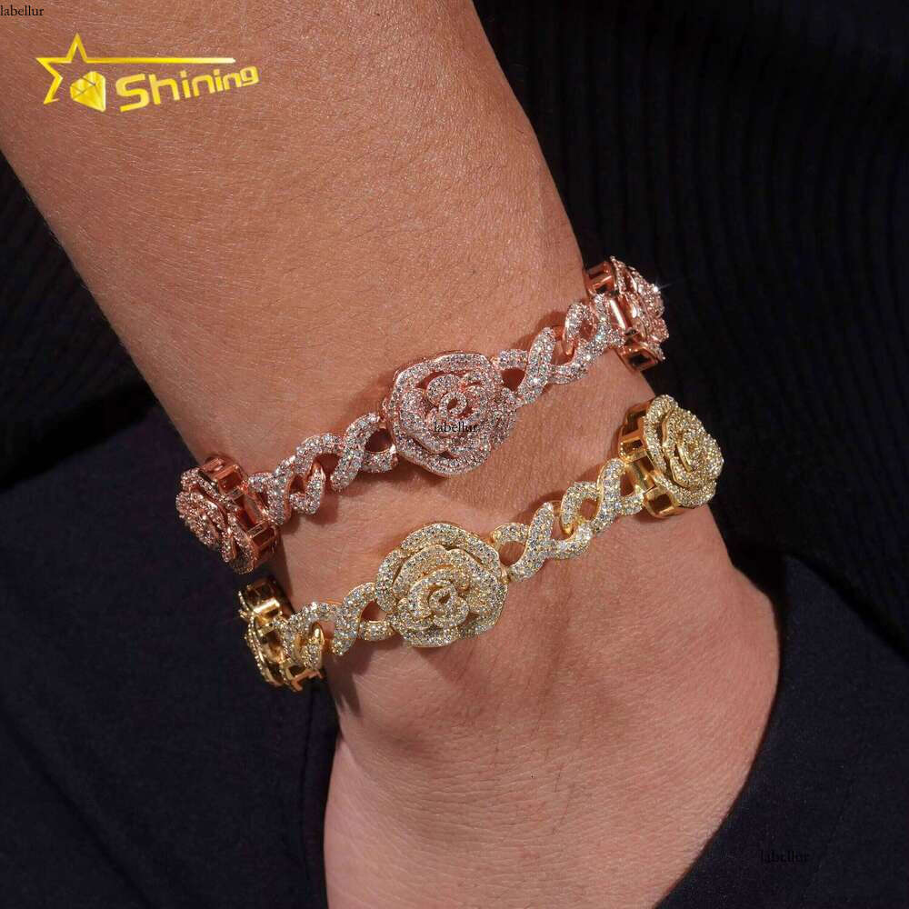 Romantic Rose 3D Gold Plated Iced 16Mm Sterling Sier Hip Hop Unlimited Chain Bracelet