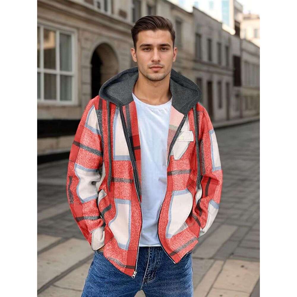 Men's Flannel Woolen Jacket Zipper Hoodie Winter Warm Hooded Coat