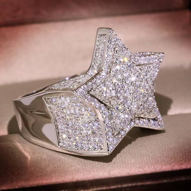 Hip Hop Rings for Men Five Star Rings Gold Silver Color Iced Out Moissanite Jewelry Ring Gifts for Couple Jewelry Women