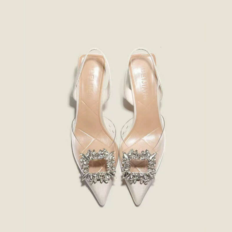 New PVC Transparent Designer shoes Square Buckle Open Back Sandals for Women, Thin Heel, Closed Toe, Elegant Pointed High Heels Fashion Shoes