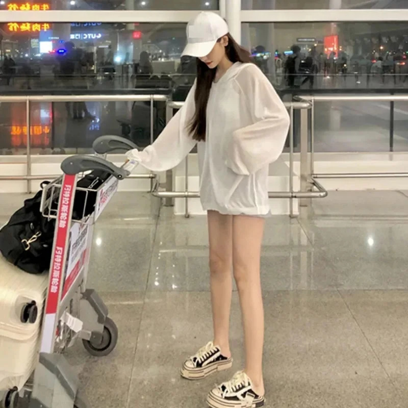 Summer Hooded Sun Protection Clothing Womens Casual Zipper Ultrathin Lightweight Jacket Loose Top Female 250809