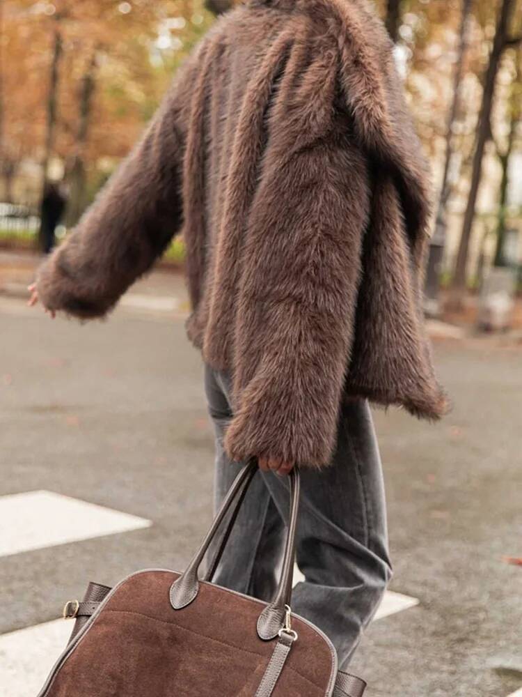 2025 Autumn Winter Casual Street Coat Women Brown Big Lapel Faux Fur Fashion Fluffy Long Sleeved Thick Warm Fury Jacket