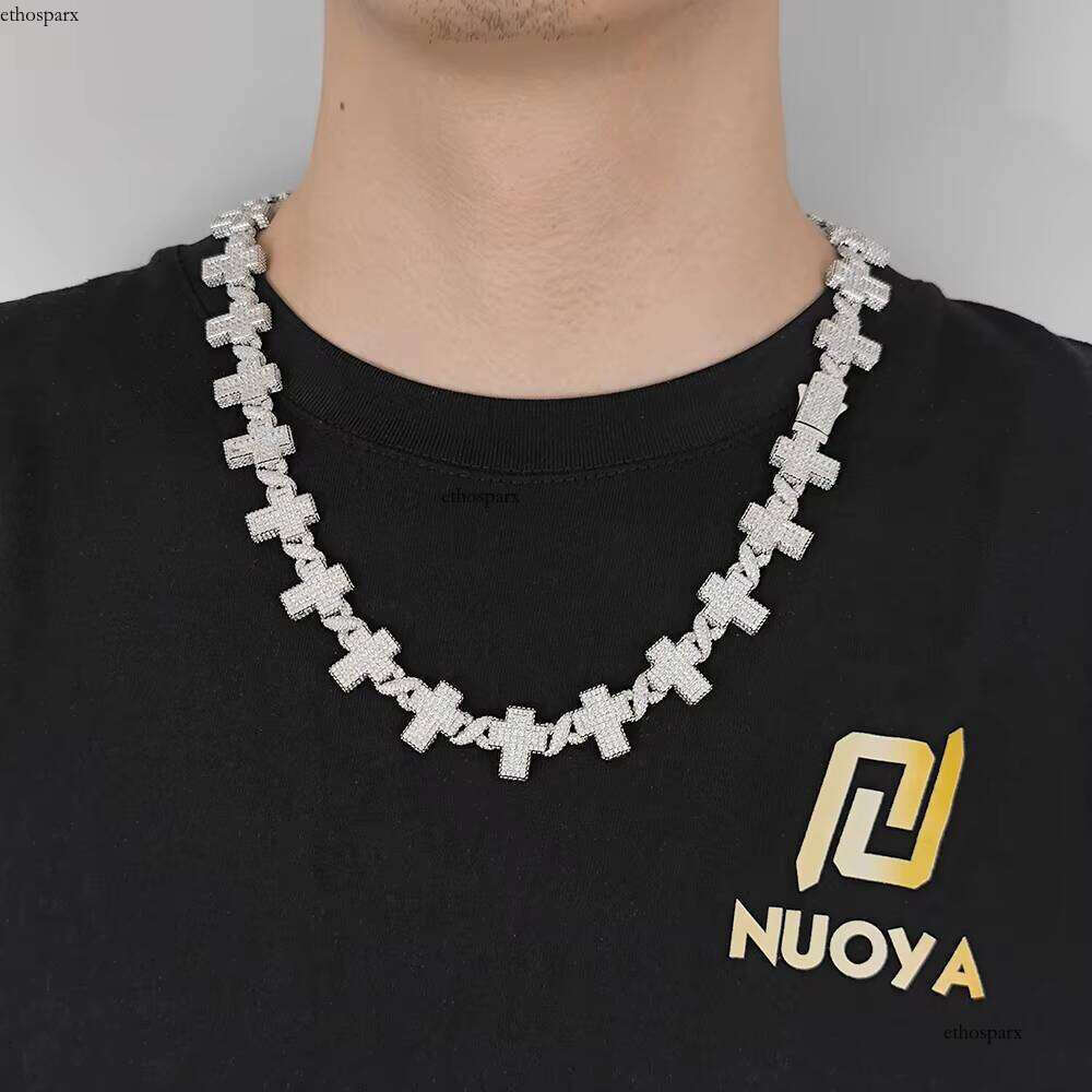Nuoya Hip Hop Jewelry Micro Pave Dia Chain Women's Cross Design Sier Plated Cuban Link Choker Necklace for Gift