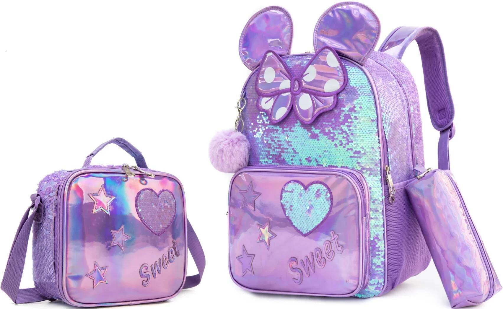 School Backpacks with Lunch Box Elementary Students, Travel Sequin Backpack for Girls, 16 ", 3Pcs