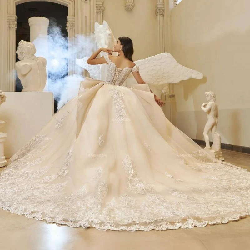 Champagne Quinceanera Dresses Off The Shoulder Applique Lace Beading Tull Vestido 15 De Corset Sweet 16 Dress