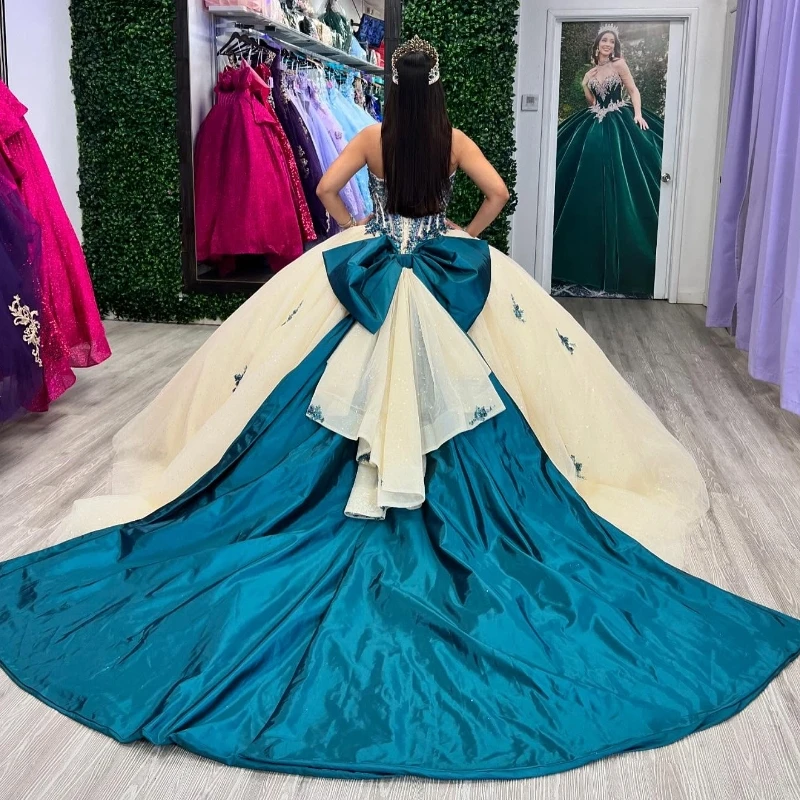 Light Champagne Quinceanera Dresses Ball Gown Off The Shoulder Applique Lace Beads Bow Tull Party Birthday Sweet 16 Dress Vestidos 15 Anos