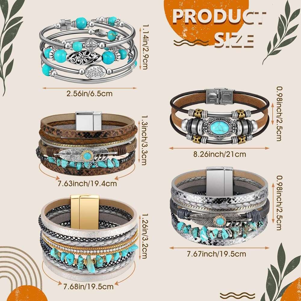 uoise Leather Bracelet Western Jewelry for Women Multilayer Boho Cuff Bangle Set