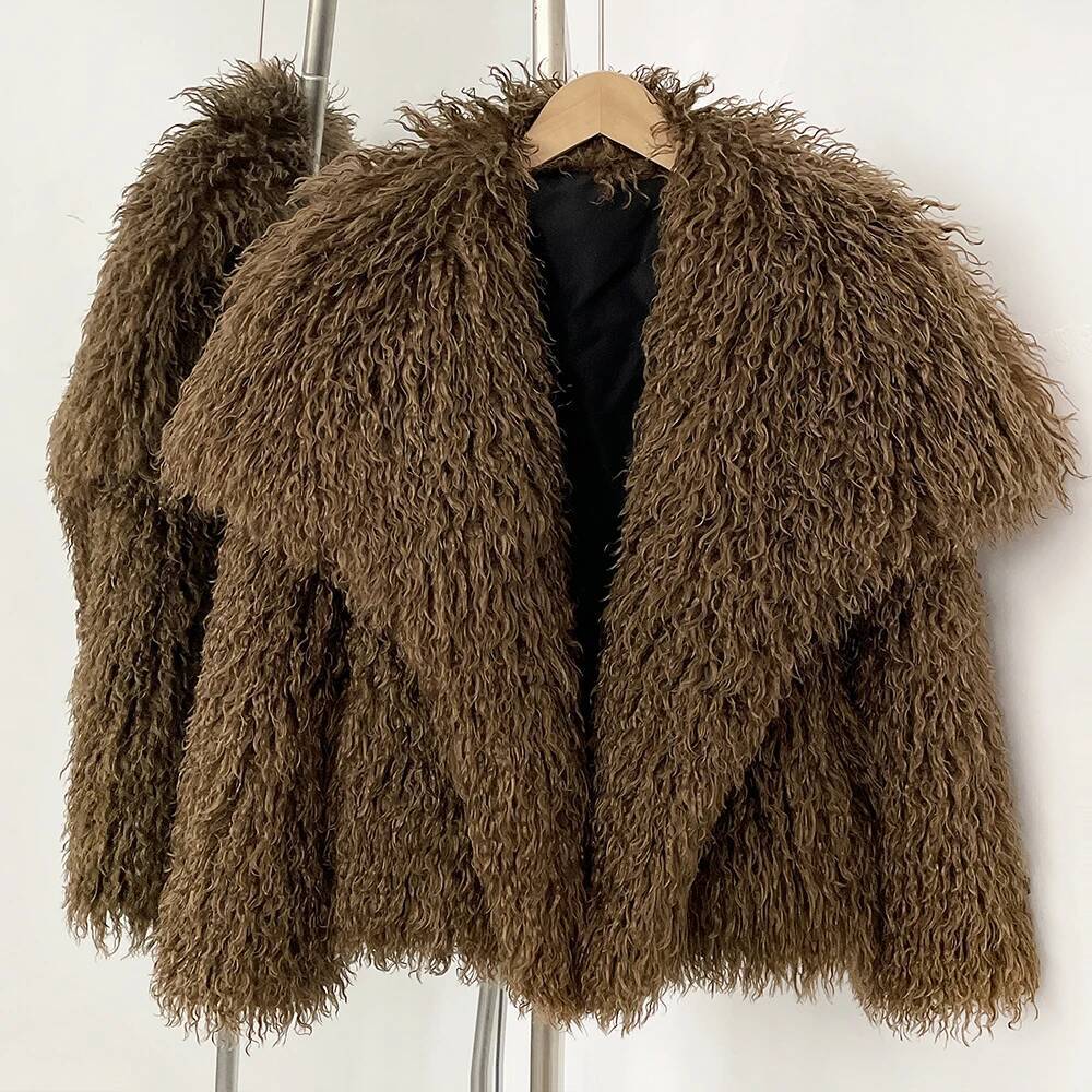 New Autumn Winter Clothes Women Fashion Big Collar Artificial Mongolia Sheep Jacket Faux Coat Fake Fur Overcoat