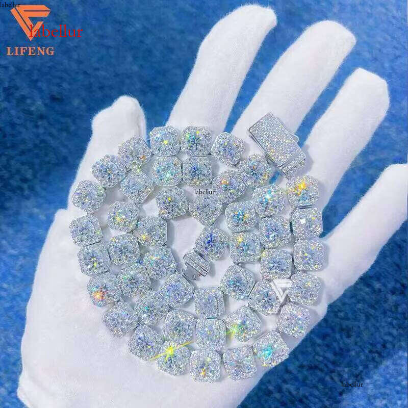 High Quality Square Tennis Chain 10Mm Pure Sier Through Dia Tester D VVS Silica Women's And Men's Necklace