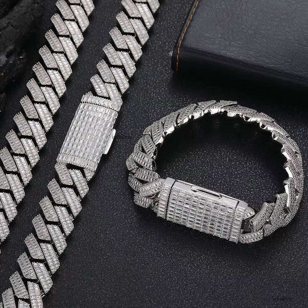 NUOYA Women's Shiny Iced Out Baguette Dia Cuban Link Chain Bracelet 20mm Sier Plated Hip Hop Fine Jewelry